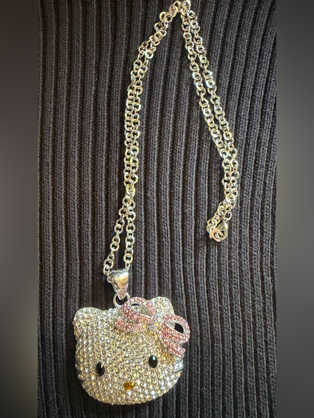 Hello Kitty Pave Crystal Pendant Necklace with Pink Bow